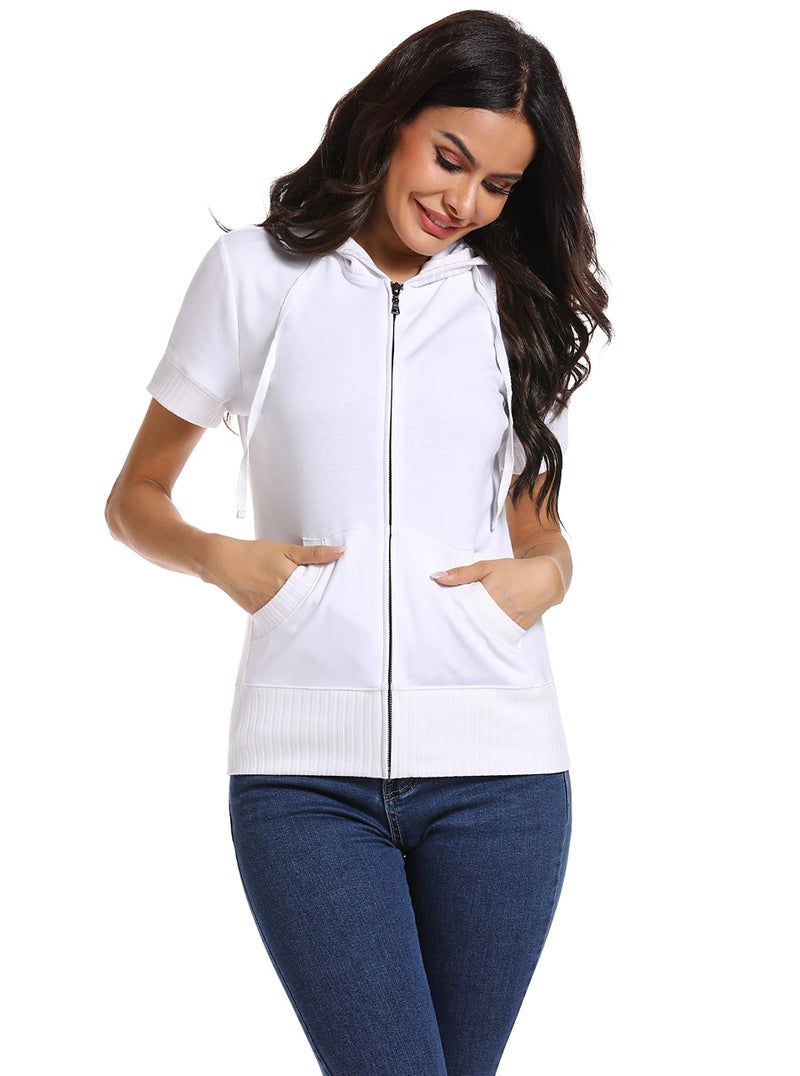 MISS MOLY Women's Short Sleeve Hoodie Full Zip Up Thin Cotton Slim Fit Sweatshirt Kanga Pocket White L - Image 3